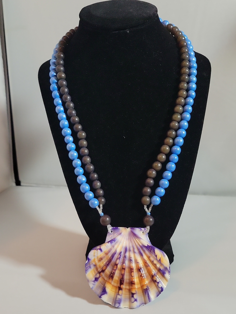 Vintage Blue and Brown Beaded Necklace with Purple-Toned Shell Pendant